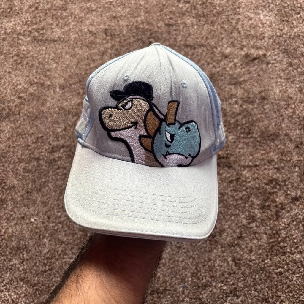Cartoon Dinosaur Embroidered Mesh Cap – Light Blue/White