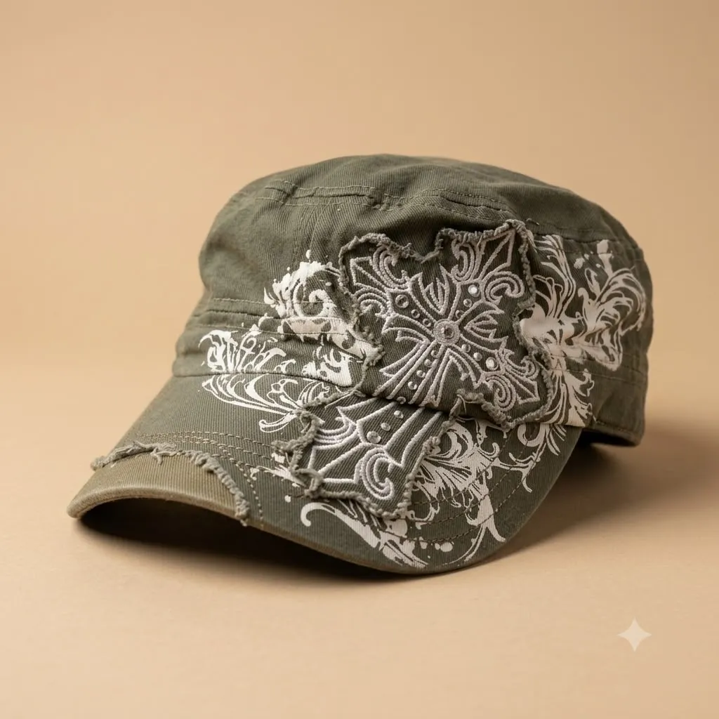 Y2K Grunge Distressed Green Cap with Studded Cross Detail